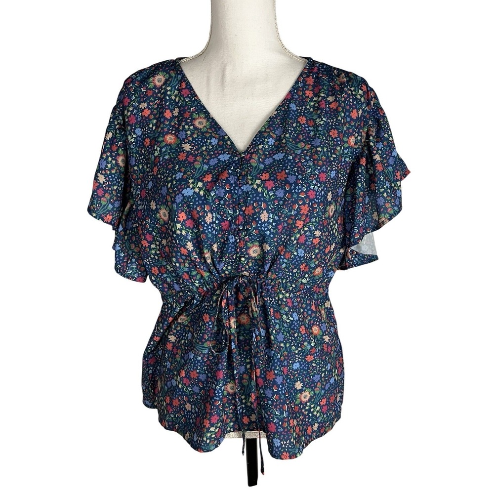 Heyson Short Flutter‎ Sleeve Tie Front Top  Blue Floral Size M